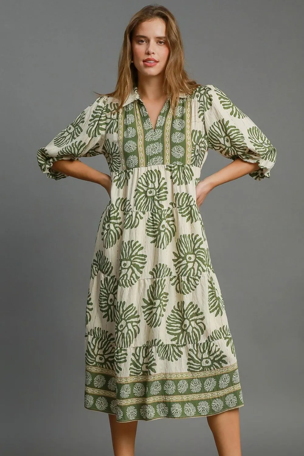 Full Size Border Print Tiered Midi Dress Plus Size - Matcha Green