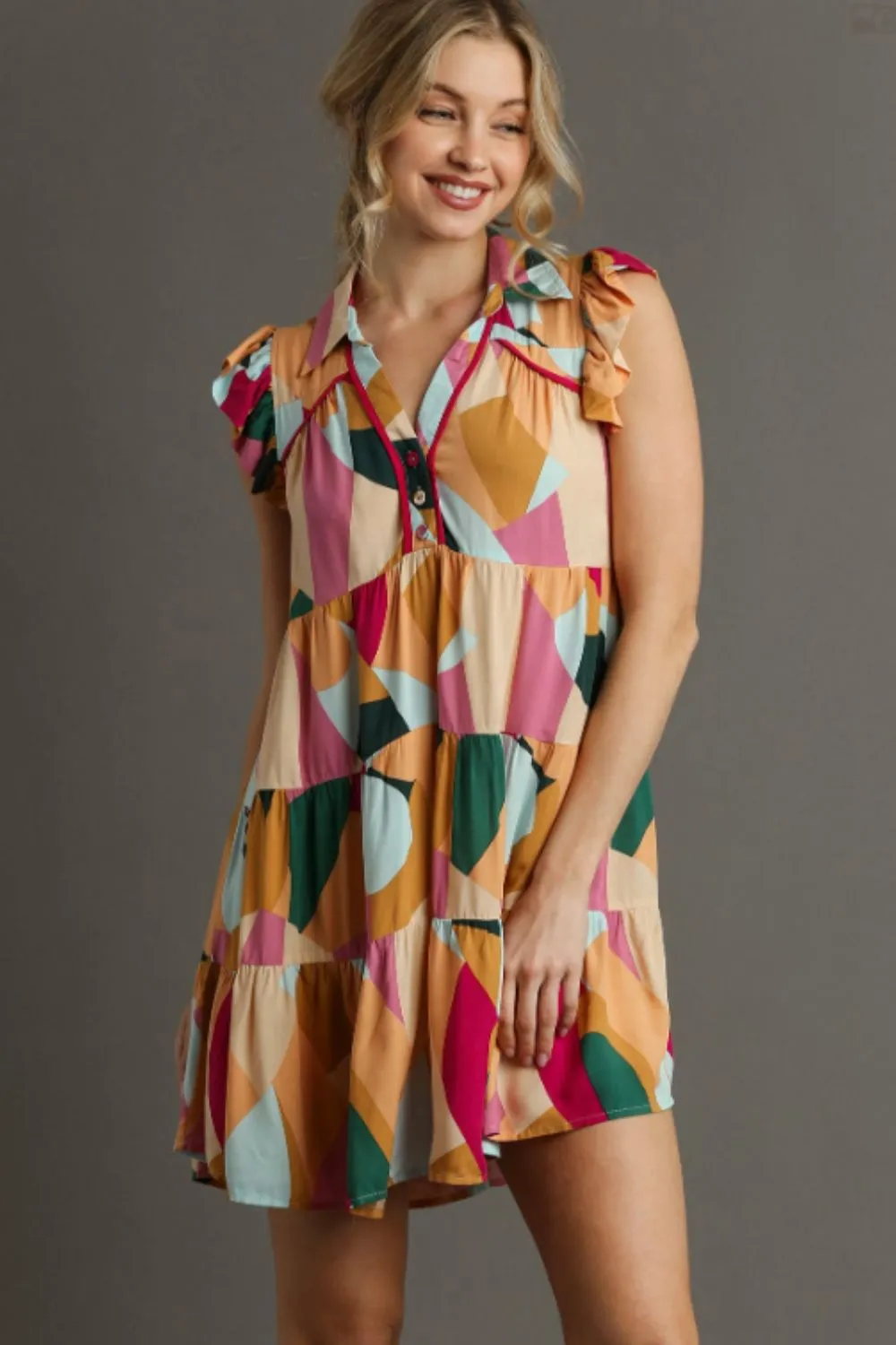 Full Size Button Detail Ruffle Sleeve Mini Dress Plus Size - Peach/Fuchsia