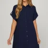 Full Size Button Down Short Sleeve Woven Shirt Dress Plus Size - Dark Navy