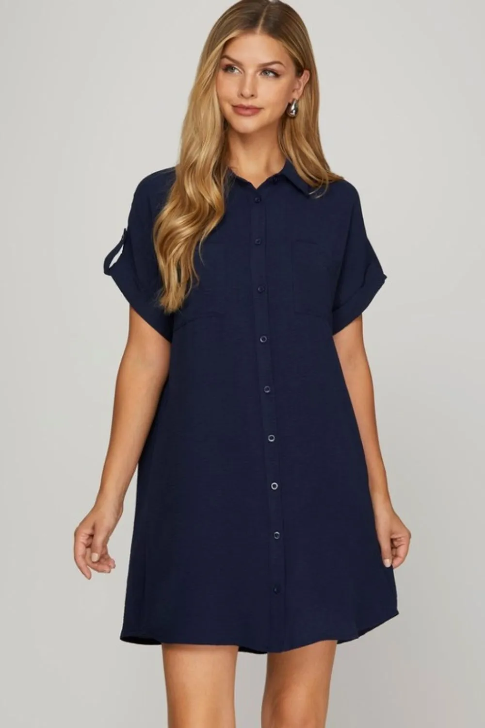 Full Size Button Down Short Sleeve Woven Shirt Dress Plus Size - Dark Navy