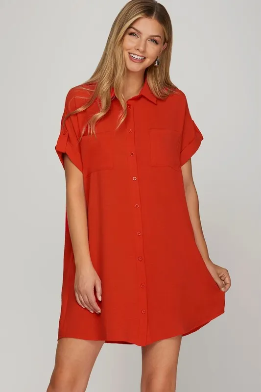 Full Size Button Down Short Sleeve Woven Shirt Dress Plus Size - Deep Red