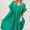 Full Size Button Up Short Sleeve Dress - Kelly Green