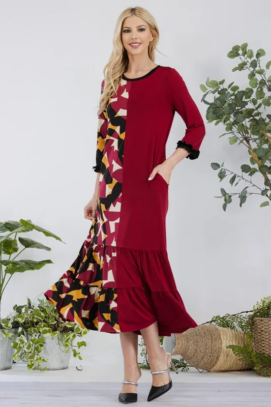 Full Size Color Block Midi Dress Plus Size - Burgundy
