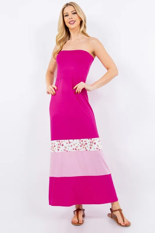 Full Size Color Block Tube Maxi Dress Plus Size - Deep Rose