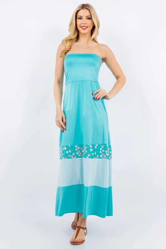 Full Size Color Block Tube Maxi Dress Plus Size - Teal