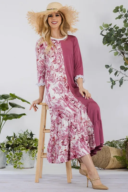 Full Size Contrast Tie Dye Ruffled Midi Dress Plus Size - Cerise