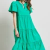 Full Size Cotton Poplin Ruffled Tiered Midi Dress - Emerald Green