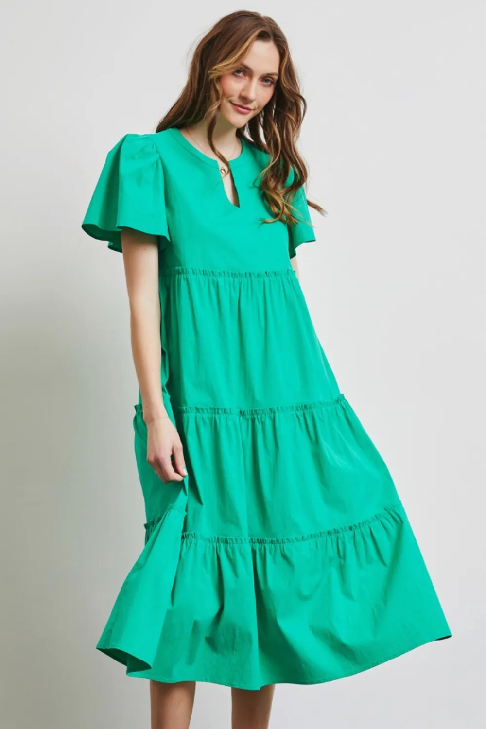 Full Size Cotton Poplin Ruffled Tiered Midi Dress - Emerald Green