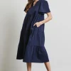 Full Size Cotton Poplin Ruffled Tiered Midi Dress - Navy