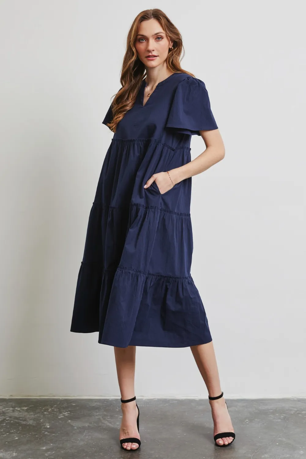 Full Size Cotton Poplin Ruffled Tiered Midi Dress - Navy