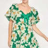 Full Size Daisy Print Mini Dress with Ribbon Details Plus Size - Green