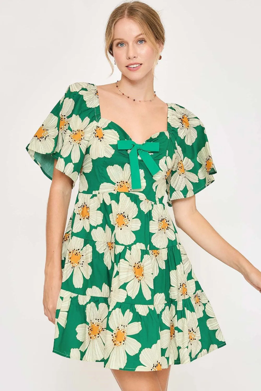 Full Size Daisy Print Mini Dress with Ribbon Details Plus Size - Green