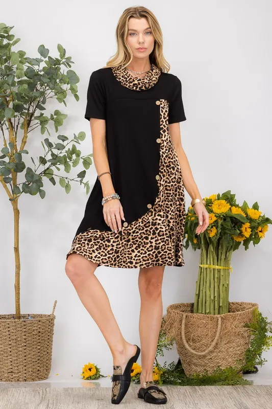 Full Size Decor Button Leopard Short Sleeve Dress Plus Size - Black