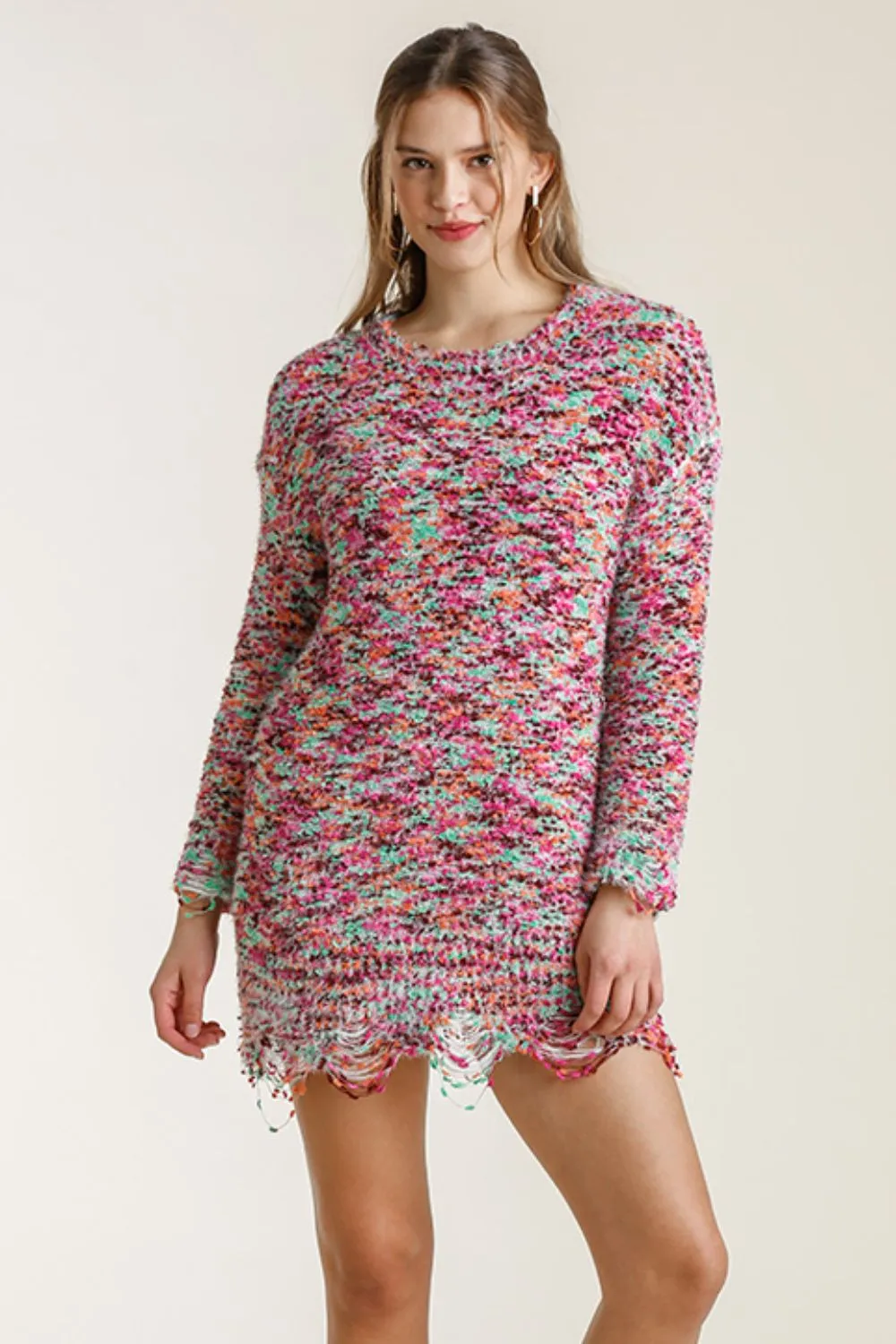 Full-Size-Distressed-Hem-Multicolored-Round-Neck-Knit-Tunic-Dress-Plus-Size-MintPink-2