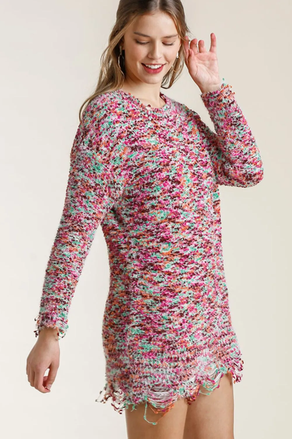 Full-Size-Distressed-Hem-Multicolored-Round-Neck-Knit-Tunic-Dress-Plus-Size-MintPink-3