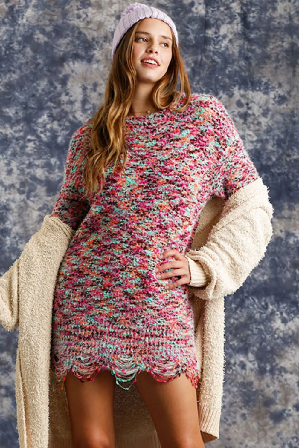 Full Size Distressed Hem Multicolored Round Neck Knit Tunic Dress Plus Size - Mint/Pink