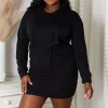 Full Size Drawstring Long Sleeve Hooded Dress - Black