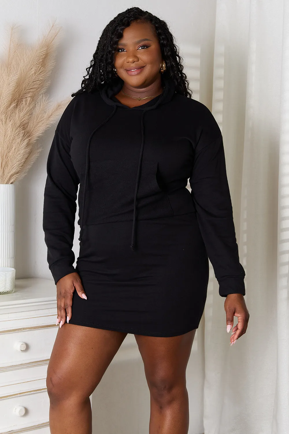 Full Size Drawstring Long Sleeve Hooded Dress - Black