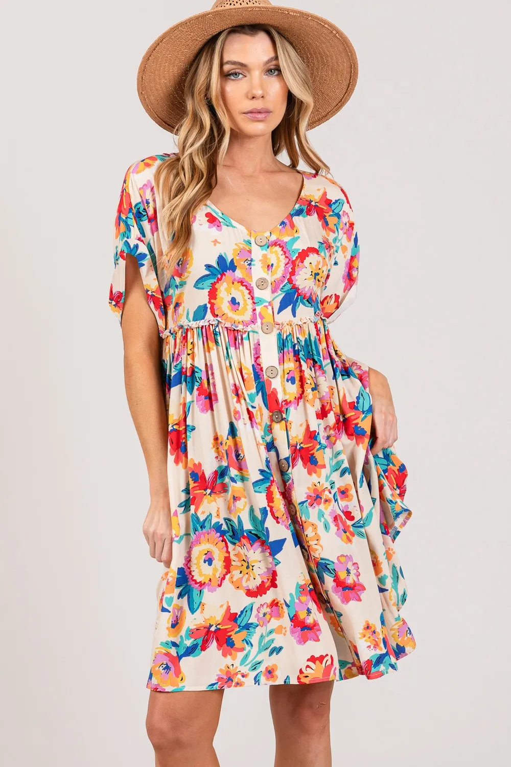 Full Size Floral Button-Down Short Sleeve Dress - Multi