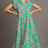 Full Size Floral Collared Ruffle Cap Sleeve Midi Dress Plus Size - Emerald Mix