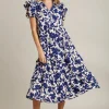 Full Size Floral Collared Ruffle Cap Sleeve Midi Dress Plus Size - Navy