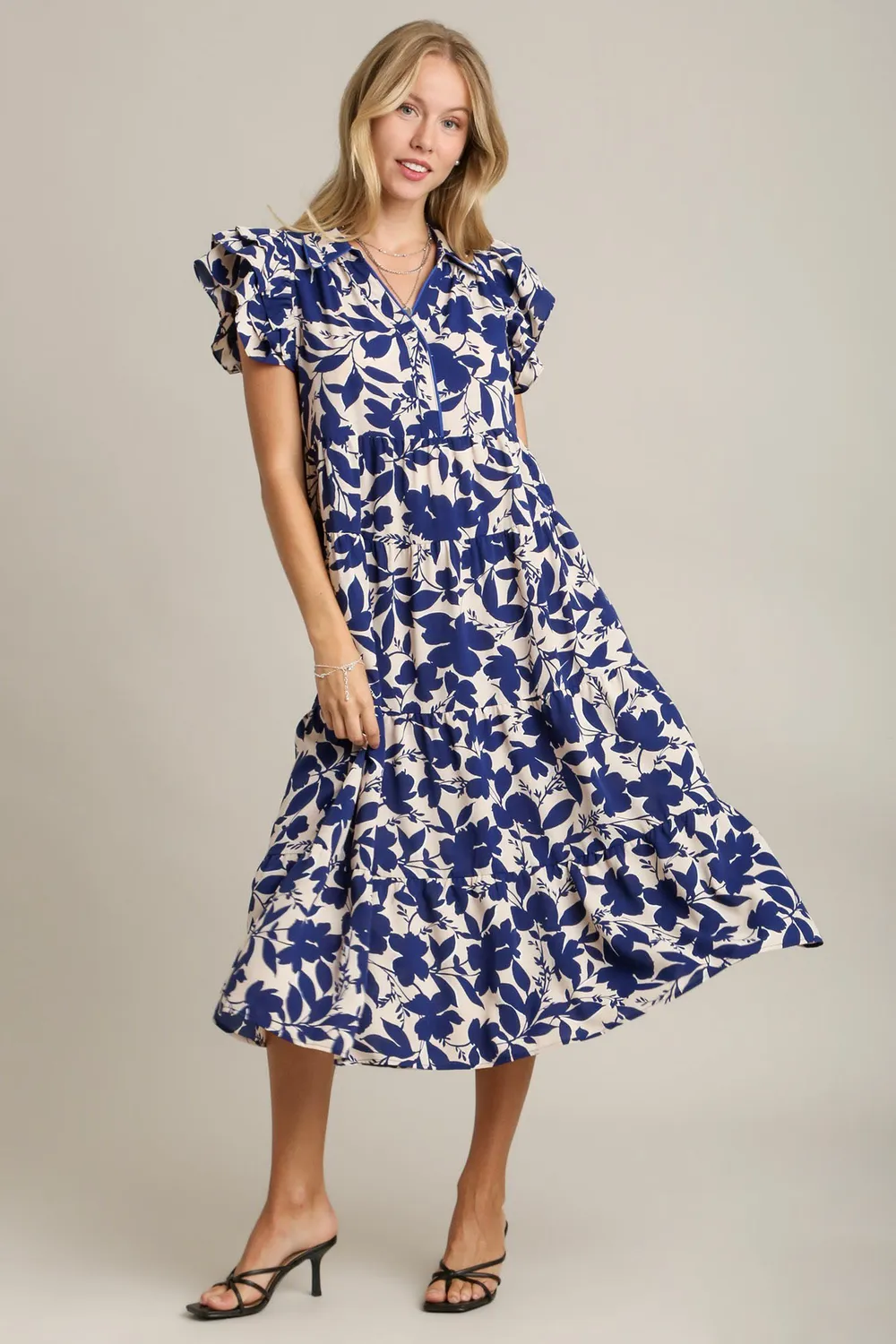 Full Size Floral Collared Ruffle Cap Sleeve Midi Dress Plus Size - Navy