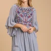 Full Size Floral Embroidered 3/4 Bell Sleeve Keyhole Dress Plus Size - Gray