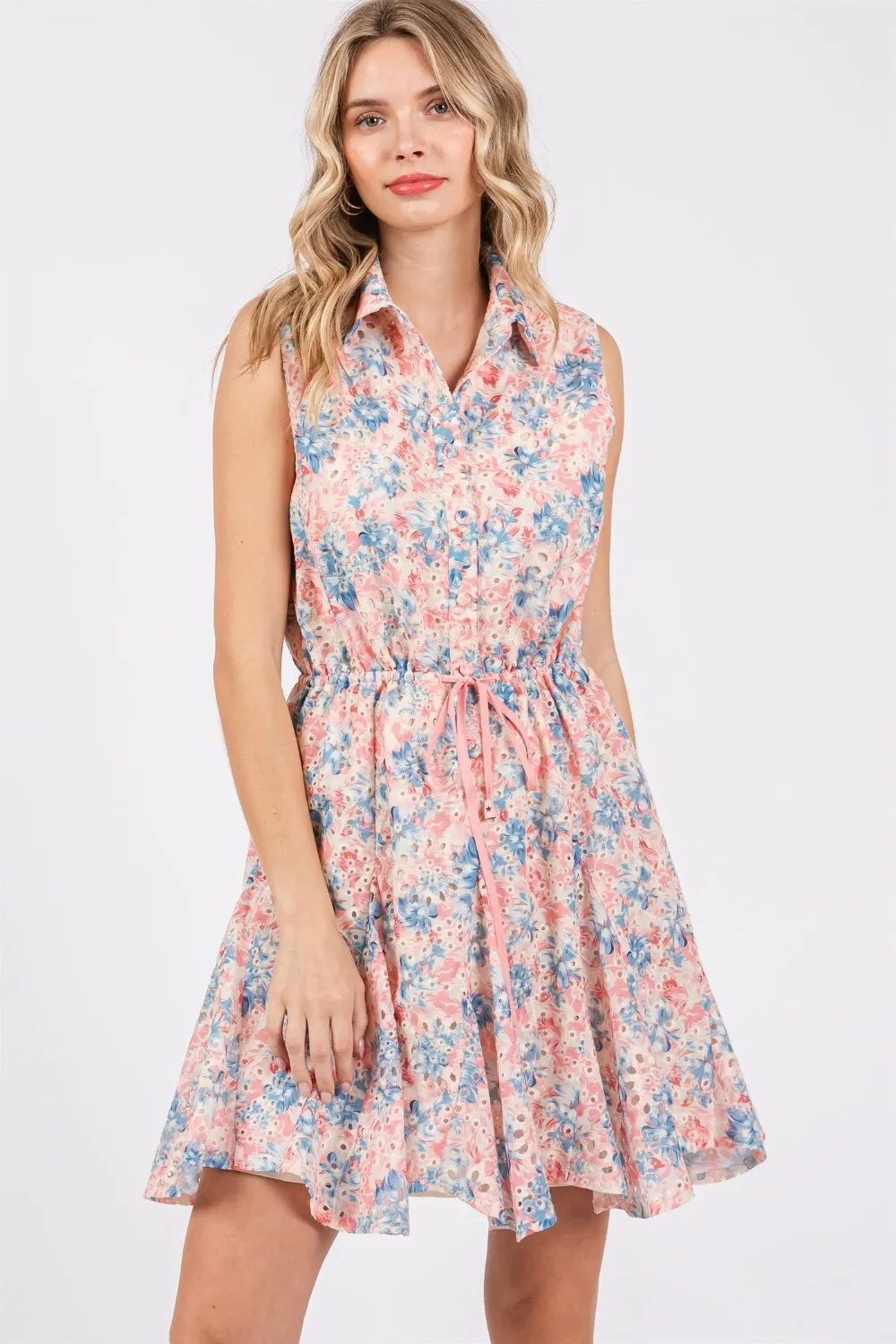 Full Size Floral Eyelet Sleeveless Mini Dress - Pink Multi