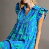 Full Size Floral Print Ruffle Cap Sleeve Tiered Dress Plus Size - Blue