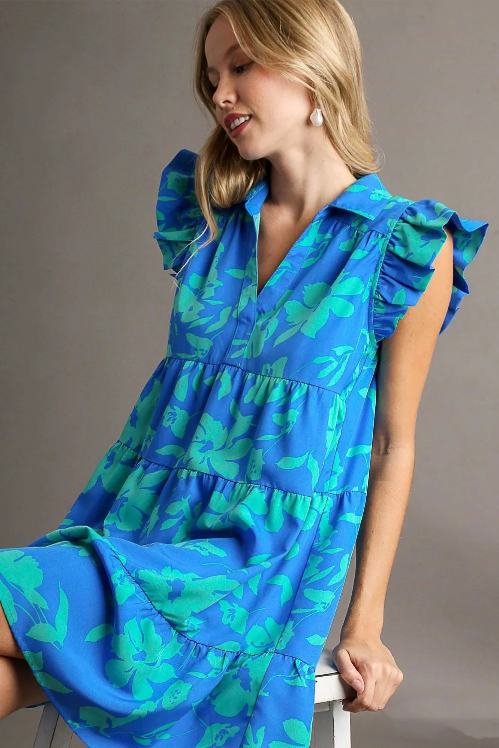 Full Size Floral Print Ruffle Cap Sleeve Tiered Dress Plus Size - Blue