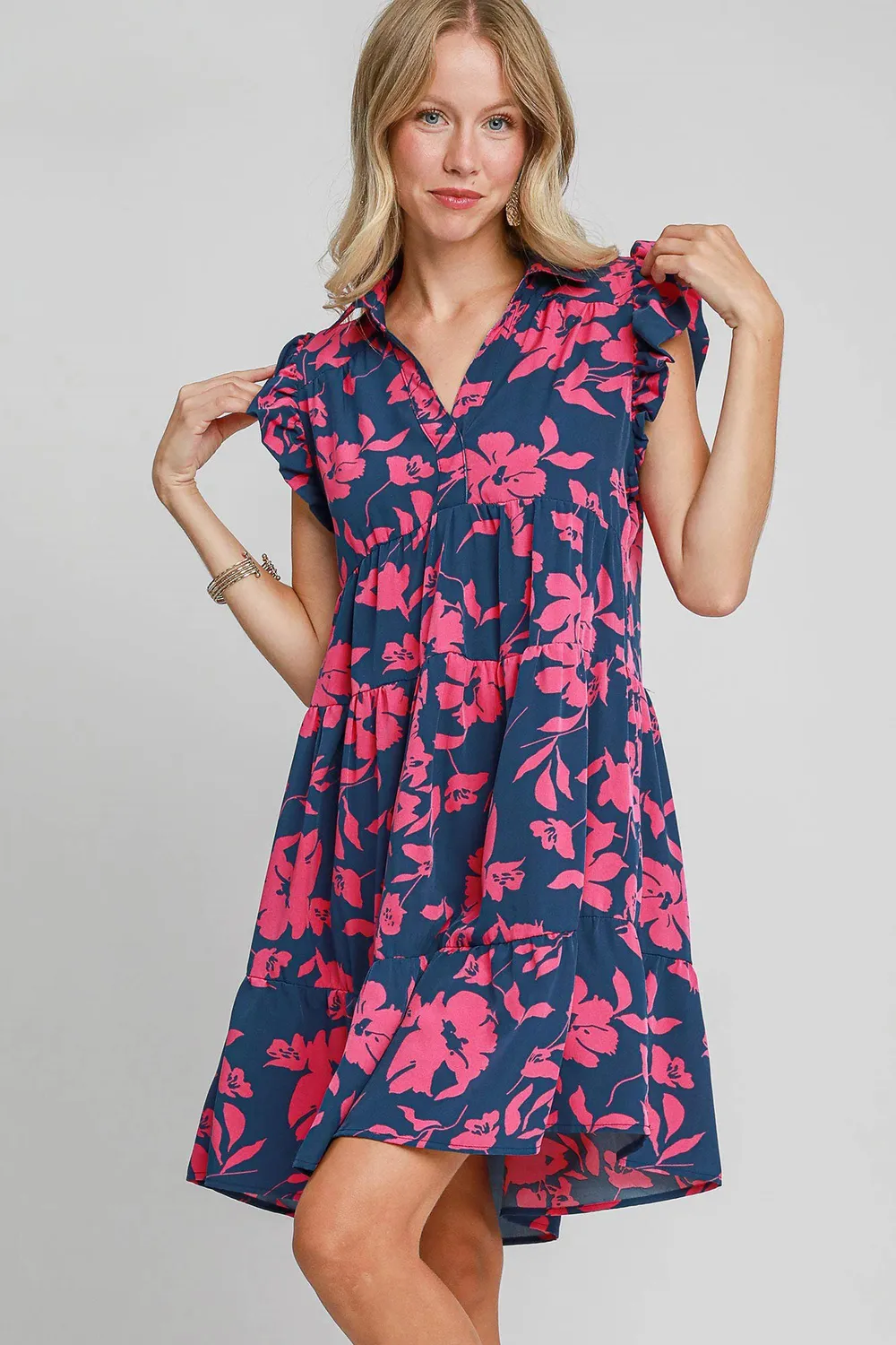 Full Size Floral Print Ruffle Cap Sleeve Tiered Dress Plus Size - Navy/Pink