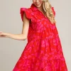 Full Size Floral Print Ruffle Cap Sleeve Tiered Dress Plus Size - Red