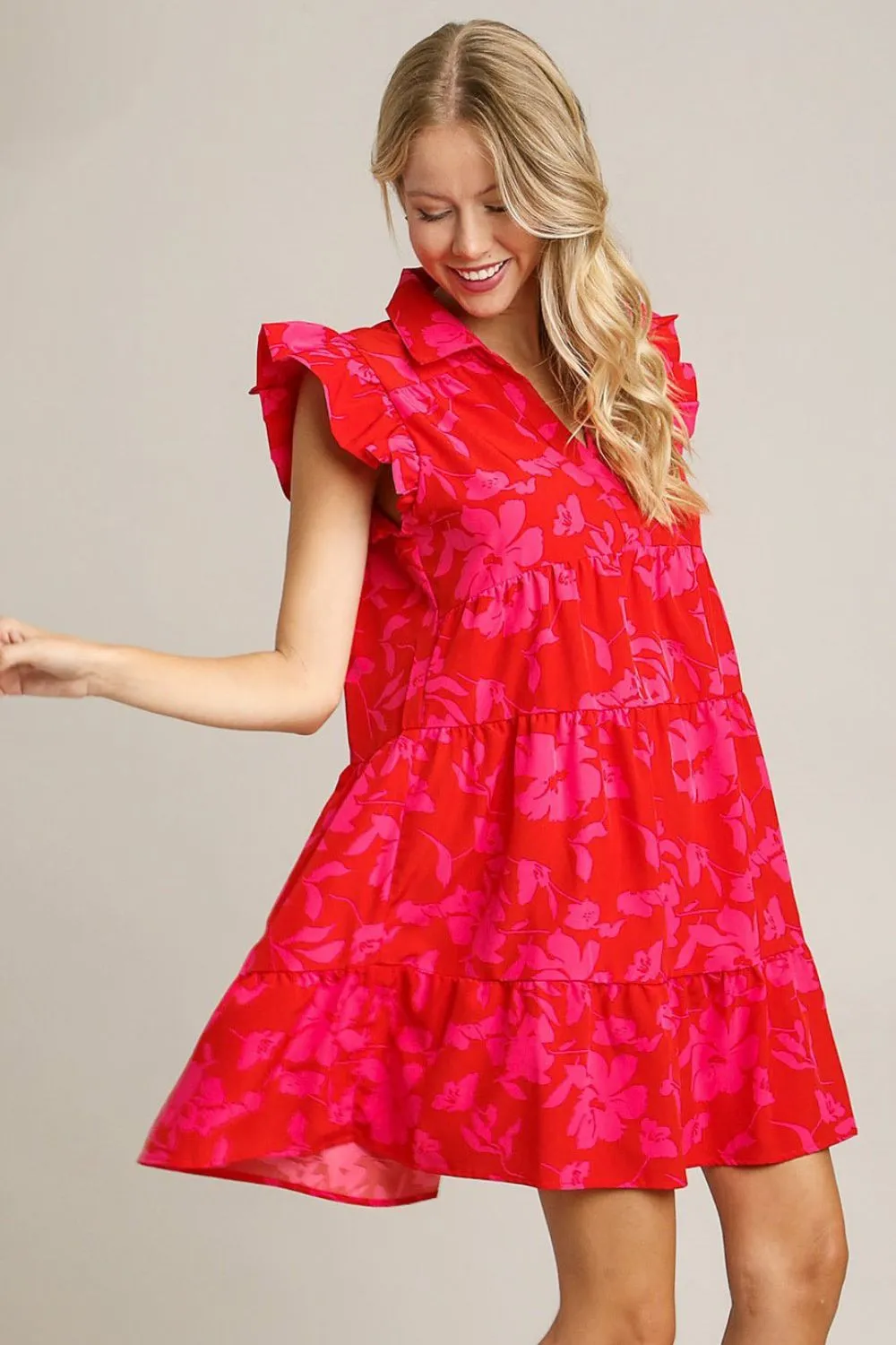 Full Size Floral Print Ruffle Cap Sleeve Tiered Dress Plus Size - Red