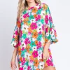 Full Size Floral Round Neck Lantern Sleeve Mini Dress - Multi