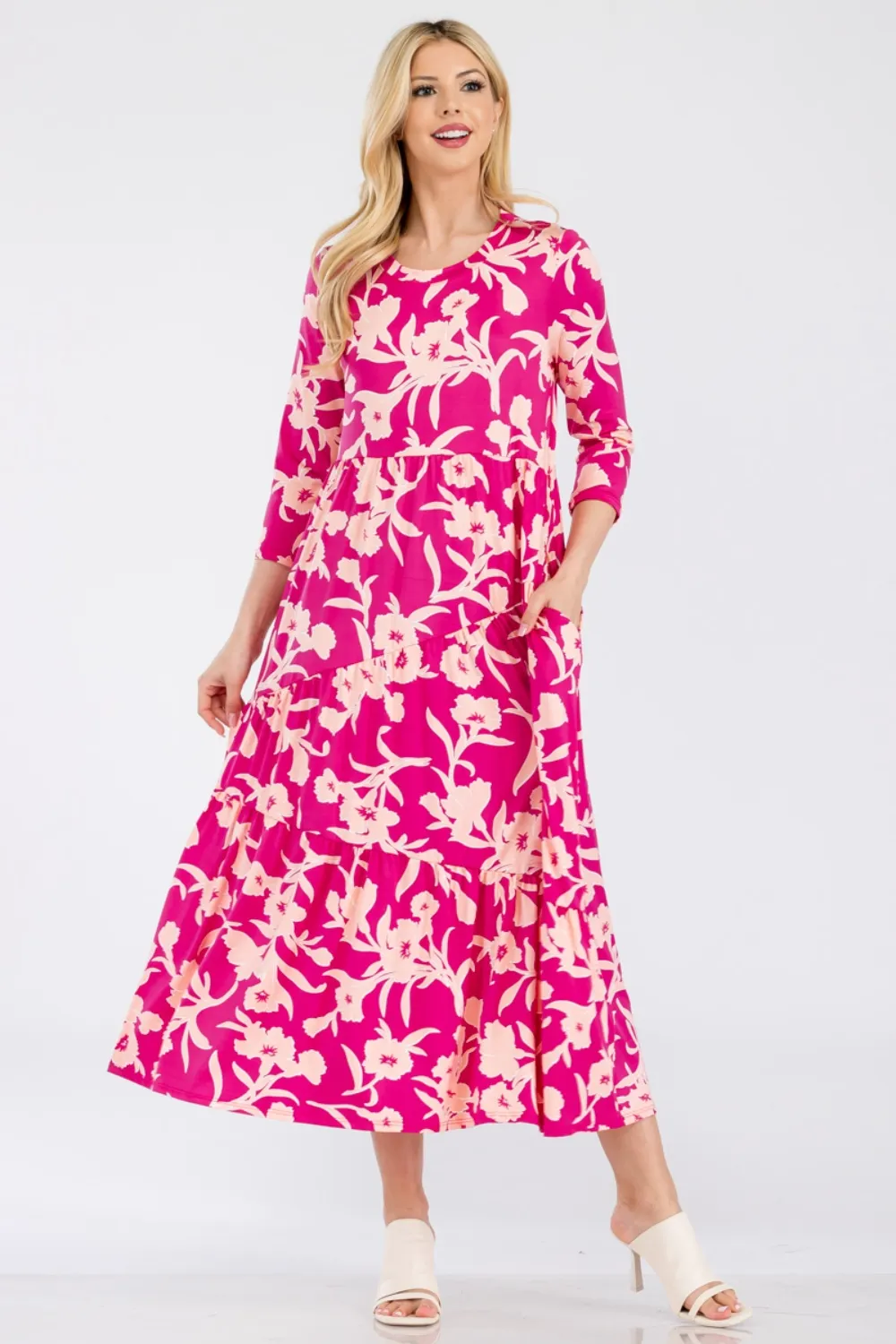 Full Size Floral Round Neck Ruffle Hem Dress -  Fuchsia