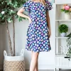 Full Size Floral Ruffled Short Sleeve Dress with Pockets - Navy