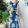 Full Size Floral Short Sleeve Slit Dress - Navy Multi