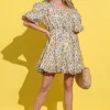 Full Size Floral Surplice Puff Sleeve Dress - Yellow Multi