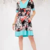 Full Size Floral Surplice Short Sleeve Dress with Pockets Plus Size - Aqua