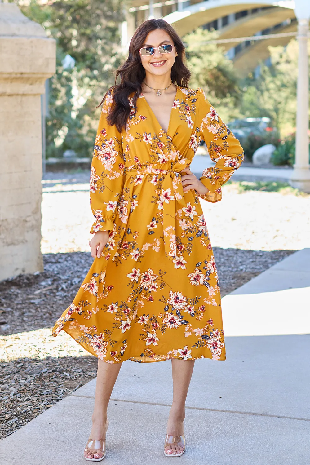 Full Size Floral Tie Back Flounce Sleeve Dress - Caramel