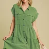 Full Size Frayed Hemline Button Down Shirt Dress Plus Size - Green