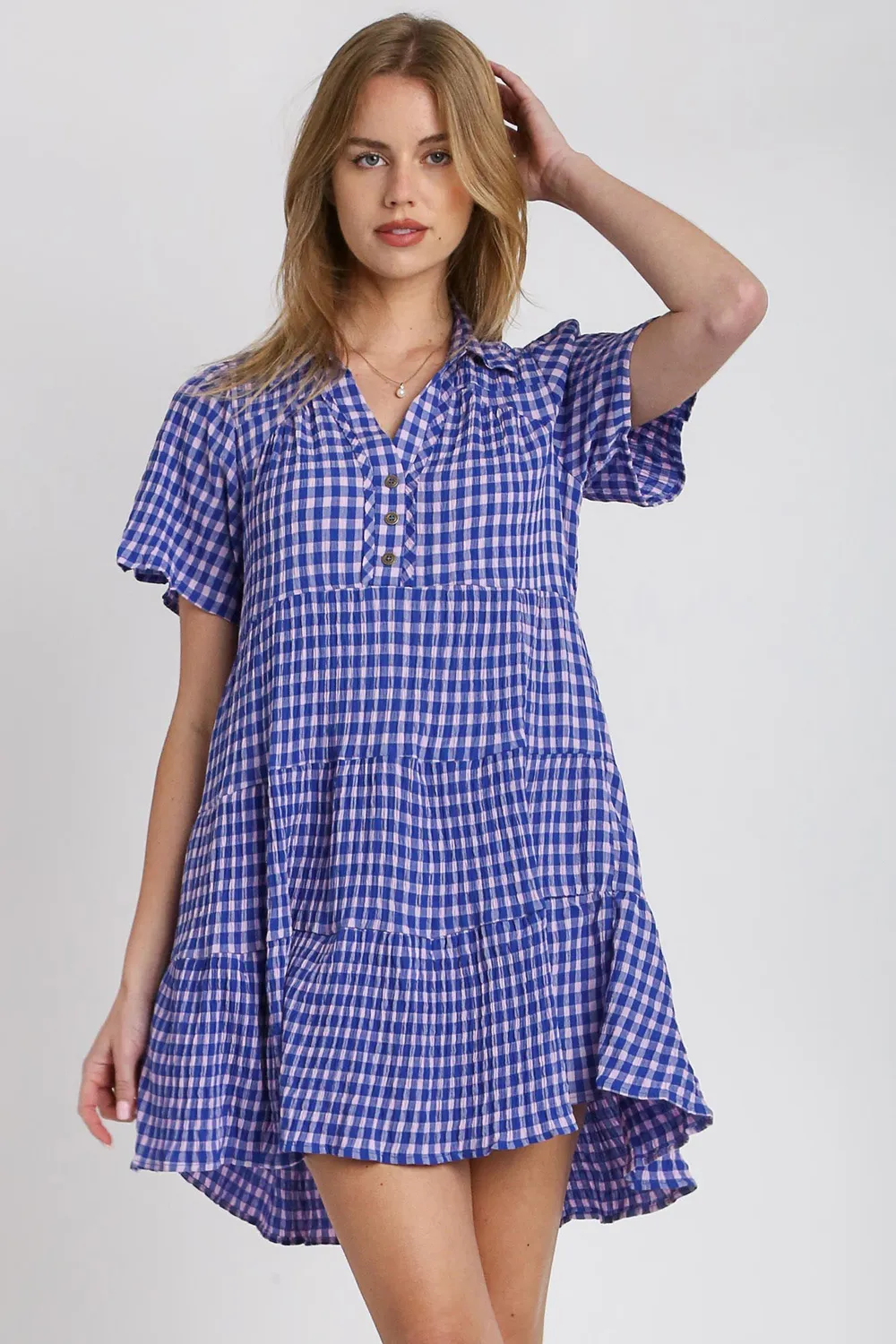 Full Size Gingham Tiered Button Detail Short Sleeve Dress Plus Size - Blue