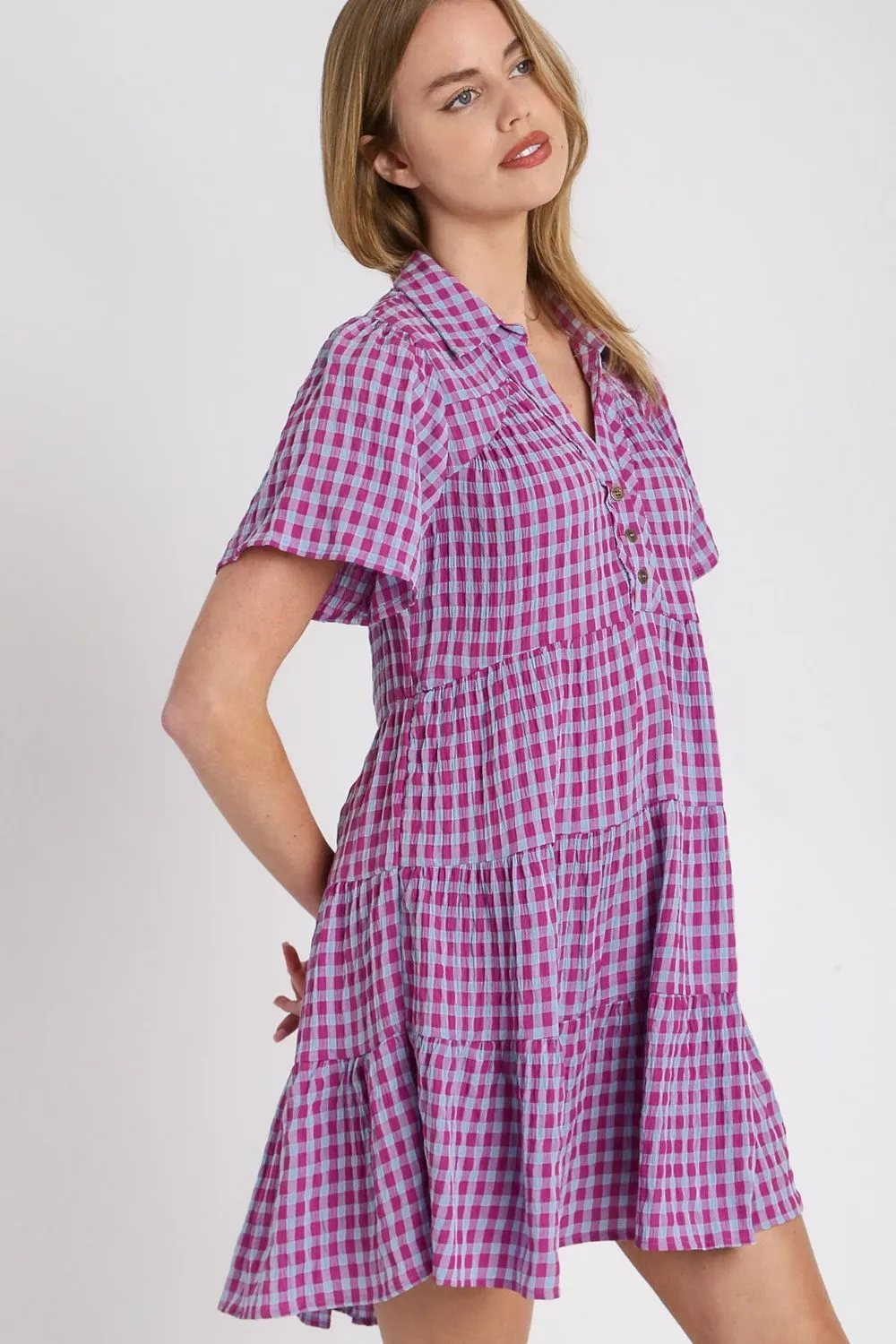 Full-Size-Gingham-Tiered-Button-Detail-Short-Sleeve-Dress-Plus-Size-Red-Violet-2