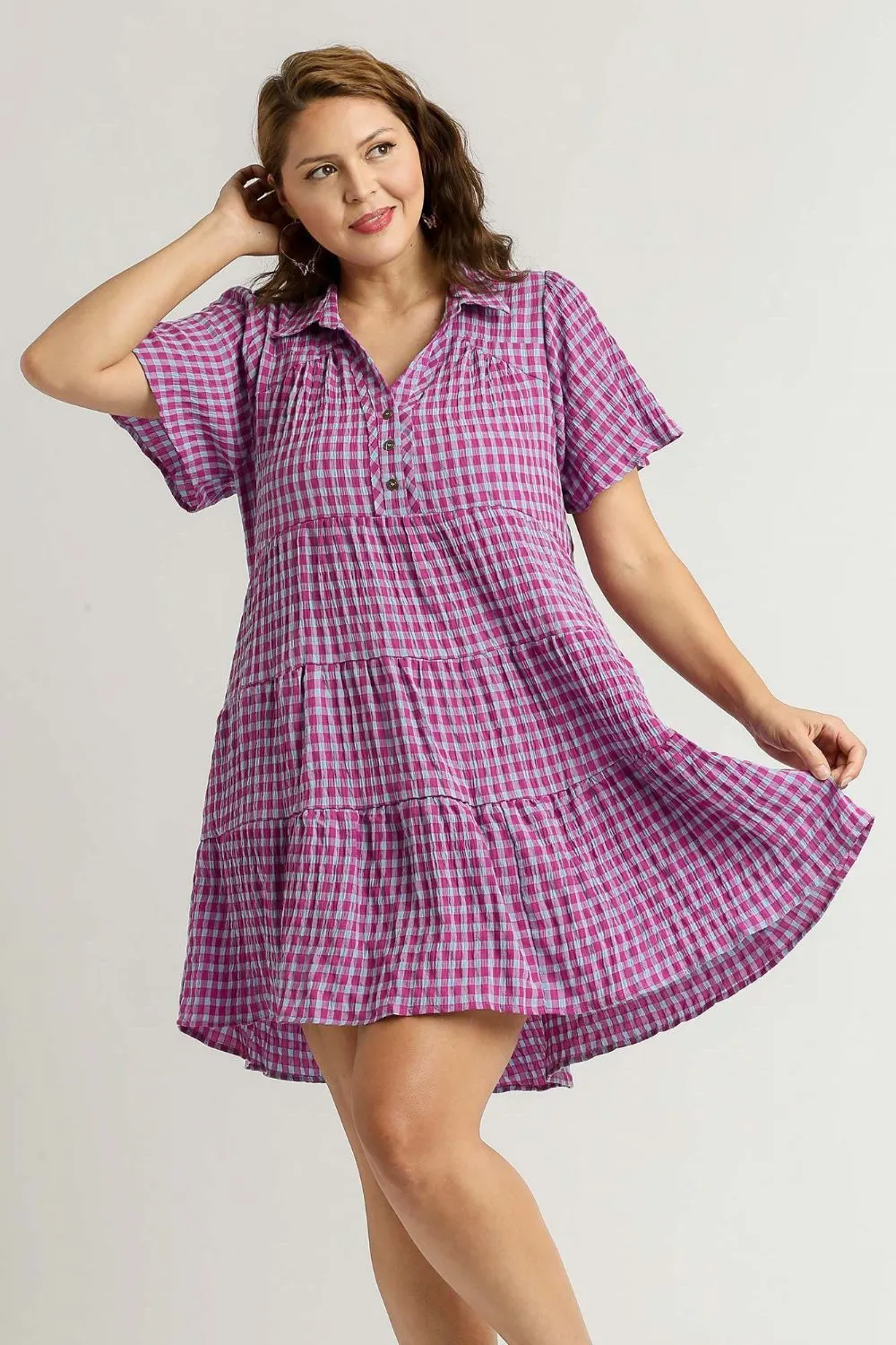Full-Size-Gingham-Tiered-Button-Detail-Short-Sleeve-Dress-Plus-Size-Red-Violet-4