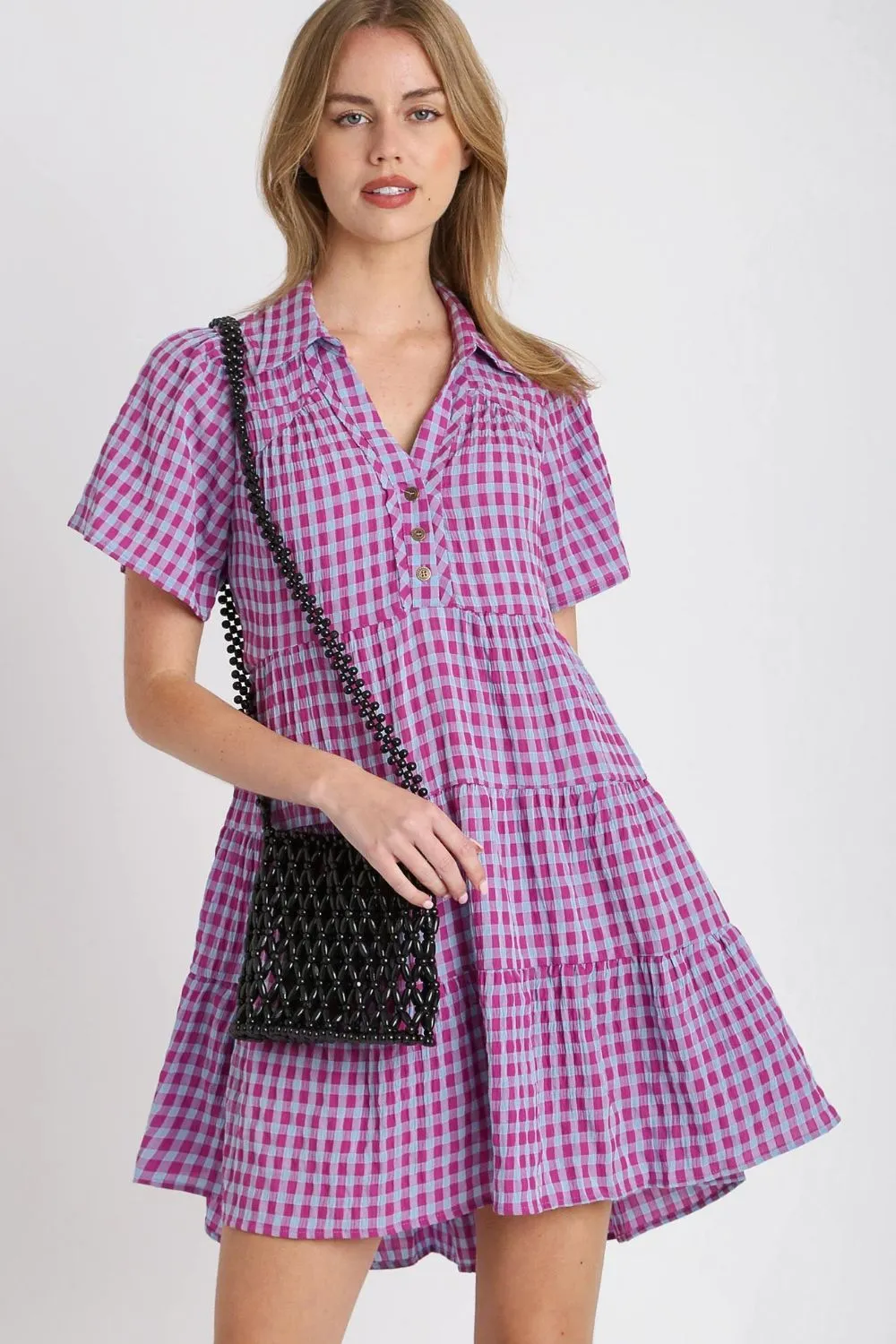 Full Size Gingham Tiered Button Detail Short Sleeve Dress Plus Size - Red-Violet