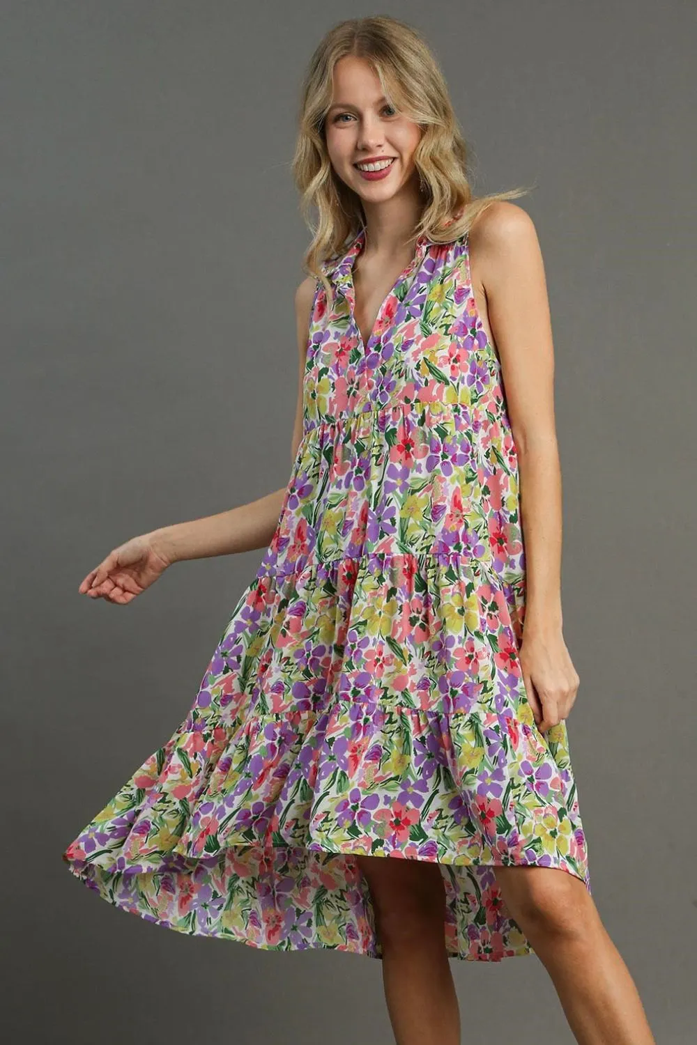 Full Size High-Low Hem Floral Sleeveless Tiered Dress Plus Size - Violetmix