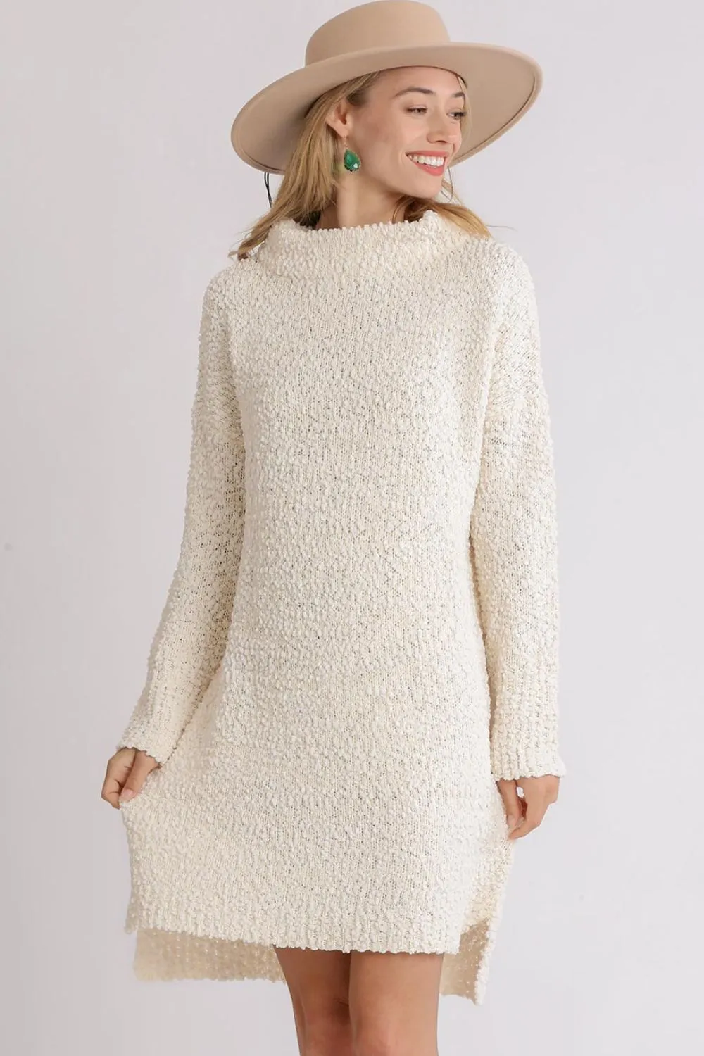 Full Size High Low Long Sleeve Boucle Sweater Dress Plus Size - Cream
