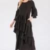Full Size Honey Comb Asymmetrical Ruffle Midi Dress Plus Size - Black