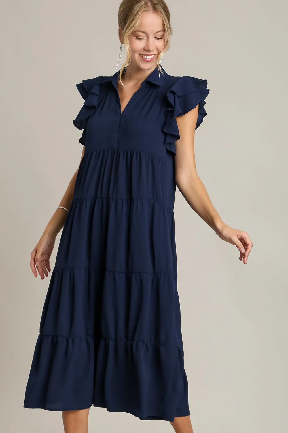 Full Size Johnny Collar Ruffle Cap Sleeve Tiered Dress Plus Size - Dark Navy