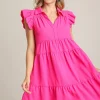 Full Size Johnny Collar Ruffle Cap Sleeve Tiered Dress Plus Size - Hot Pink